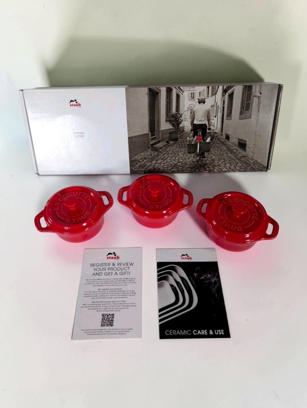 NIB Staub Ceramic 3-pc Mini Cocotte Lidded Trio in Cherry Red Porcelain Enamel